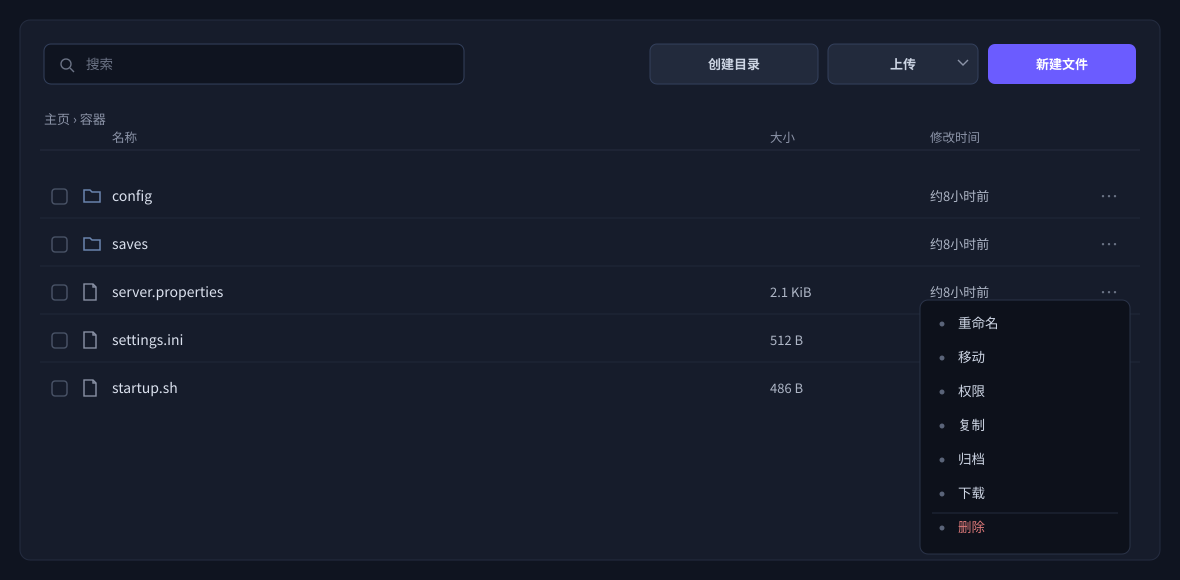 每行的'⋯'菜单。对于文件,可以进行重命名、移动、复制、下载、归档、权限设置和删除。
