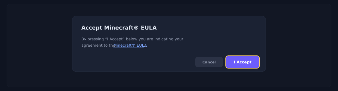 The agreement dialog that appears automatically when you start the server. Read it and press