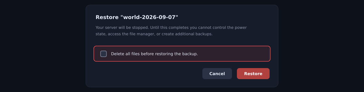 The restore confirmation. Leave Delete all files before restoring the backup unticked and press Restore.