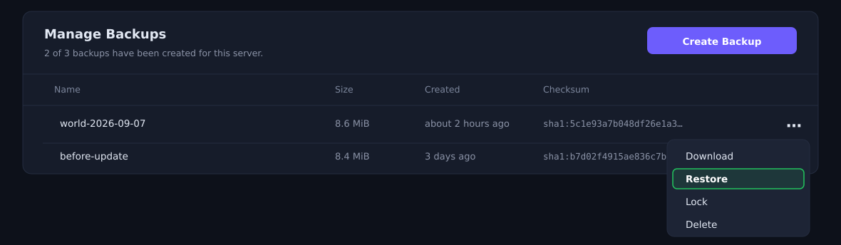 The Backups screen. Create from the top right, restore from the menu at the right-hand end of each row.