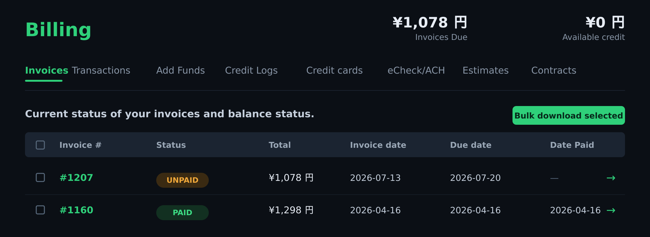 The client portal invoice list, showing unpaid (UNPAID) and paid (PAID) invoices in a list