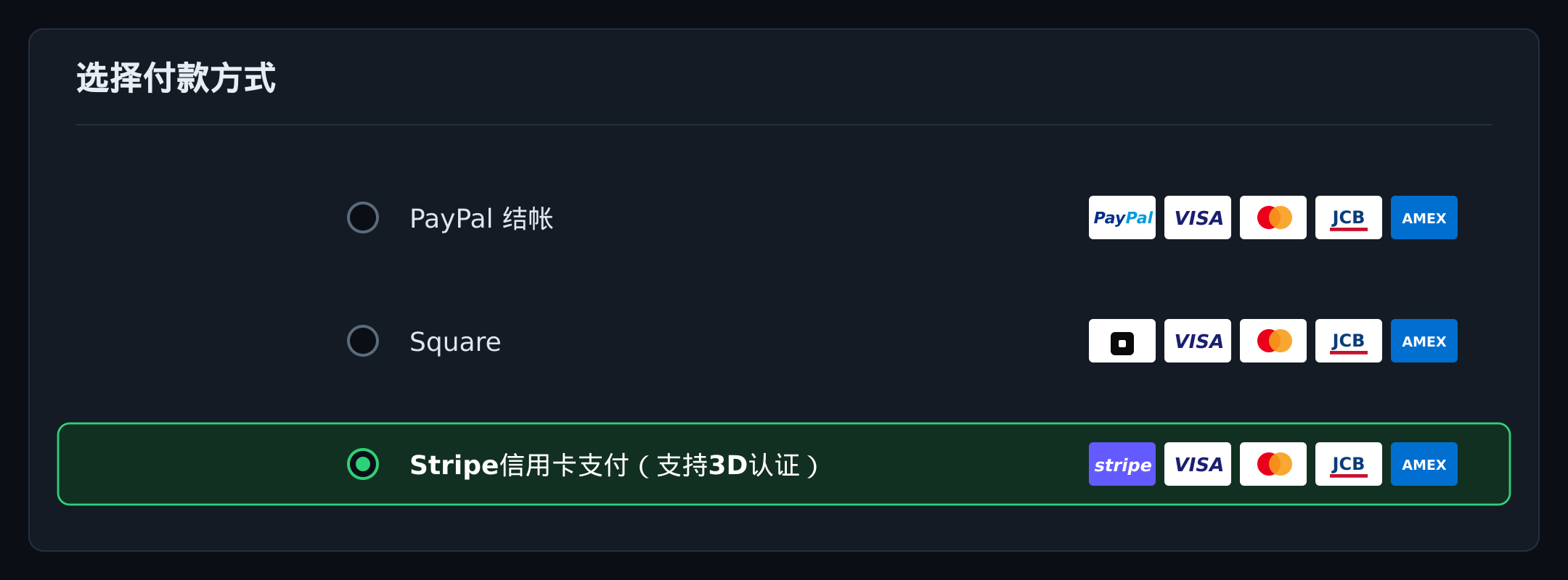 支付画面的支付方式选择:PayPal、Square、Stripe(支持 3D Secure)